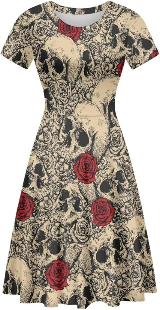 Rose Crossbones Skeleton Sugar Skull Halloween Costume Elegant Casual Mini Swing A-Line Tshirt Dress for Women Party