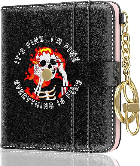 Womens Wallet, RFID Small Wallets for Women, Slim Compact Credit Card Holder, Cute Leather Bifold Ladies Purse with Zipper Coin Pocket and ID Window, Skull