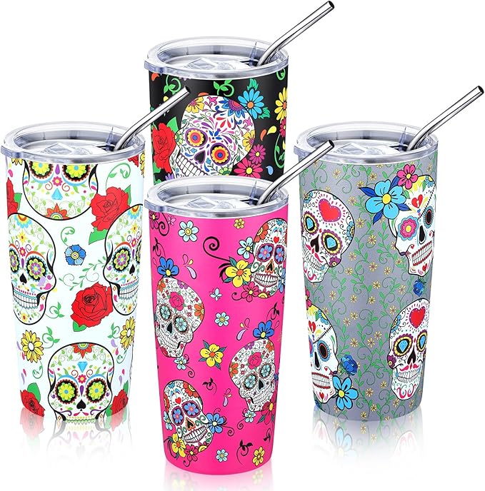 Sliner 4 Pcs Sugar Skull Tumblers with Lids and Straws 20 oz Stainless Steel Coffee Cups Vacuum Insulated Skull Mugs for Travel and Day of The Dead Gifts
