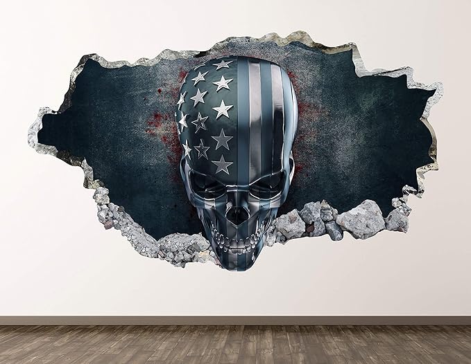 Skull USA Flag Wall Decal Art Decor 3D Smashed Terror Sticker Poster Kids Room Mural Custom Gift BL701 (30"W x 18"H)