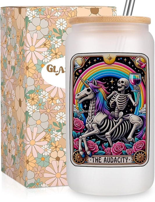 Fairy's Gift the Audacity Iced Coffee Cups, Cute Goth 16 oz Frosted Glass Tumbler w/Lid Straw, Gothic Skull Cup, Spooky Skeleton Glass Tumbler, Christmas Birthday, Witchy Gifts for Women Tarot Lovers