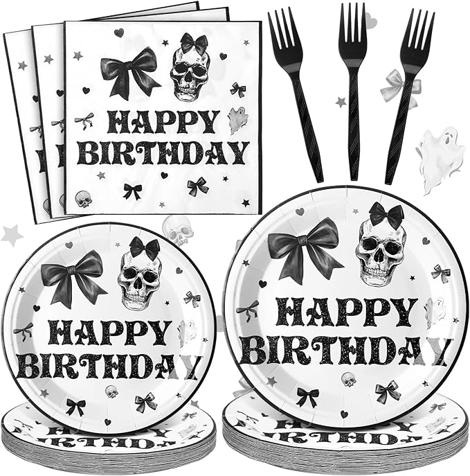 Meanplan 96 Pcs Gothic Birthday Decorations Halloween Happy Birthday Tableware Set Gothic Skeleton Skull Black Bow Paper Plates Napkins and Forks for Halloween Party Dinnerware Supplies Serves 24