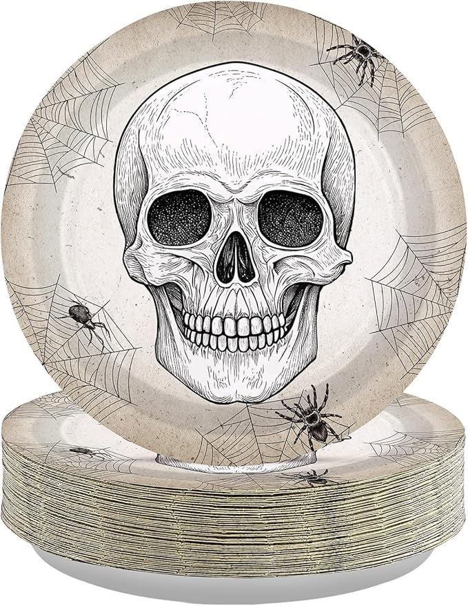 Grencian 50 Pcs Halloween Party Plates 9" Skull Spider Web Plates Disposable Dinnerware 350 GSM Halloween Paper Plates for halloween Party Decorations Holiday Birthday Party Supplies Boys Adults