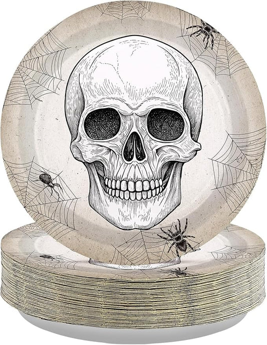 Grencian 50 Pcs Halloween Party Plates 9" Skull Spider Web Plates Disposable Dinnerware 350 GSM Halloween Paper Plates for halloween Party Decorations Holiday Birthday Party Supplies Boys Adults
