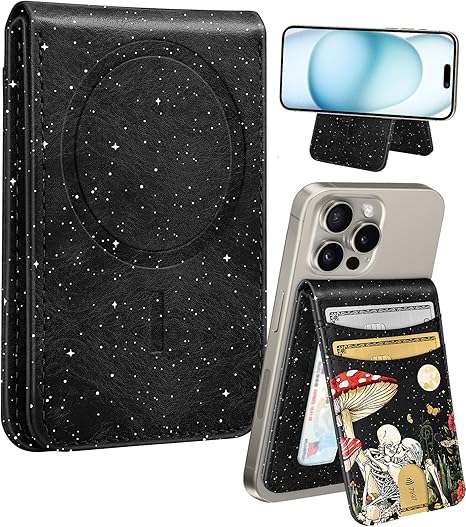 Shorogyt Compatible with Magsafe Wallet for Magnetic Card Holder for Women - Cute Phone Wallet for iPhone 17/16/15/14/13/12 Series,RFID Blocking Stand Printed Leather Fit 5 Cards,Mushroom Skull