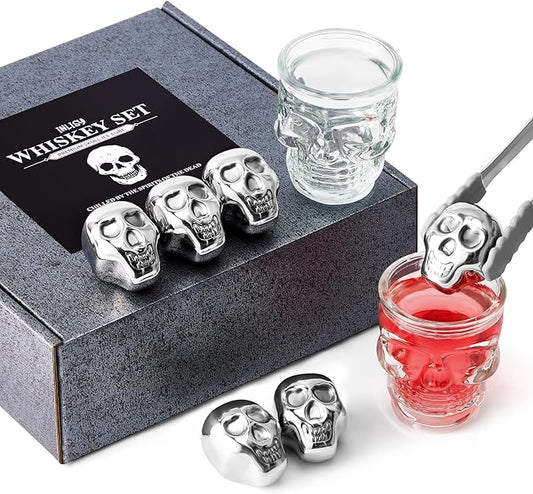 Skull Whiskey Stones Set - Spooky Halloween Bar Gift with 6 Metal Ice Cubes, 2 Skull Measuring Short Glasses & 1 Tip Tong - Reusable Stainless Steel