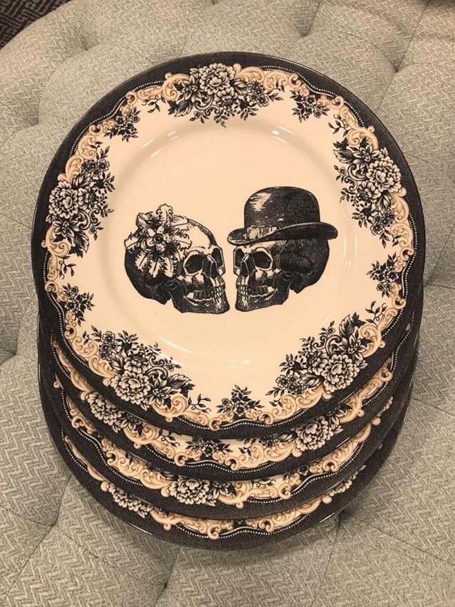 Royal Stafford Skull Couple Floral Halloween Dinner Plates Set 4 ~New~