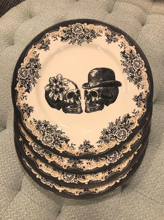 Royal Stafford Skull Couple Floral Halloween Dinner Plates Set 4 ~New~