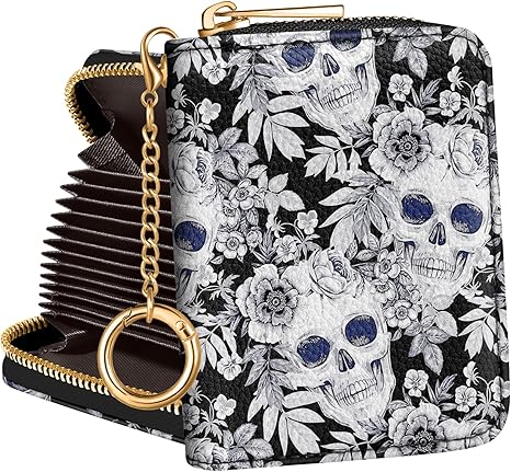 Bistup Credit Card Holder for Women Cute Small for Ladies Teen Girls Female Rfid Leather Cardholder Wallets with Keychain Accordion Organizer Purse Skull and Flower Girly Aesthetic Print Unique Zipper