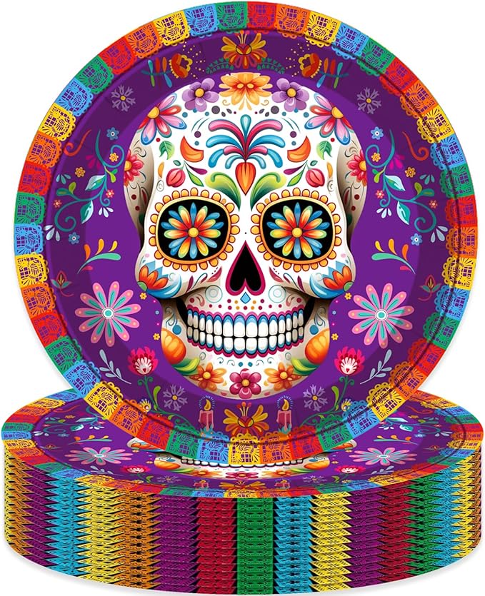 50Pcs Day of the Dead Party Supplies,7Inch Day of the Dead Plates Purple Sugar Skull Dessert Plates,Dia De Los Muertos Birthday Party Decorations (Purple)
