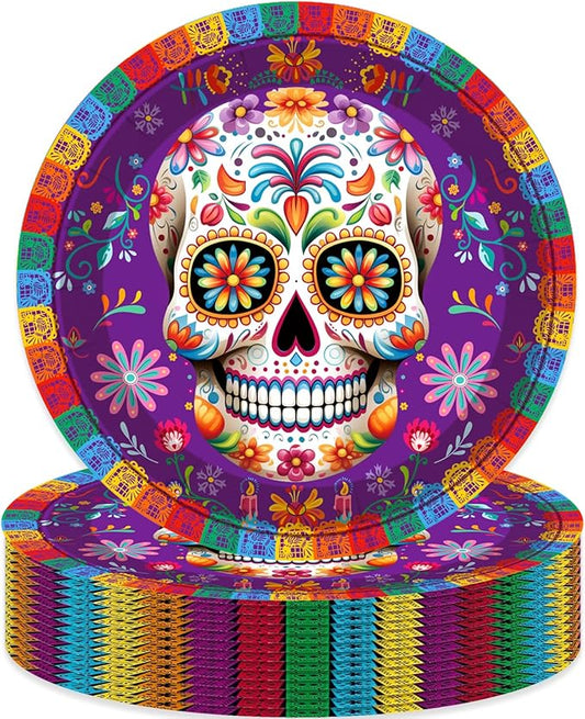 50Pcs Day of the Dead Party Supplies,7Inch Day of the Dead Plates Purple Sugar Skull Dessert Plates,Dia De Los Muertos Birthday Party Decorations (Purple)