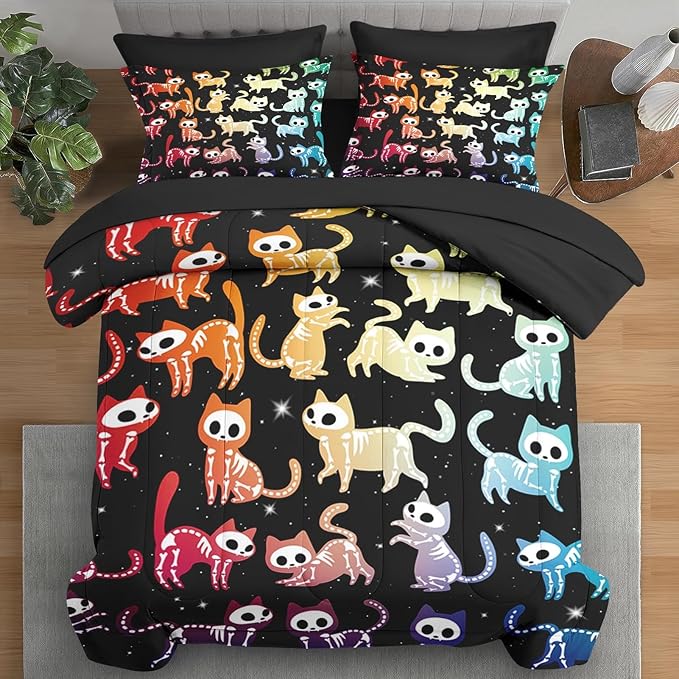 Comforter Set Queen Size, Skeleton Cat Colorful 7 Pcs Bedding for Kids and Adults, Funny Pets Cute Bed Sheet Sets with Fitted Sheet 2 Pillowcases & 2 Shams for Bedroom Bed Decor