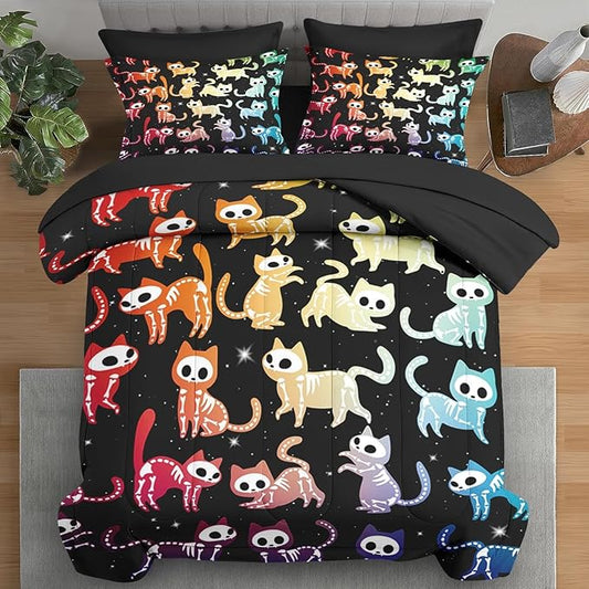 Comforter Set Queen Size, Skeleton Cat Colorful 7 Pcs Bedding for Kids and Adults, Funny Pets Cute Bed Sheet Sets with Fitted Sheet 2 Pillowcases & 2 Shams for Bedroom Bed Decor