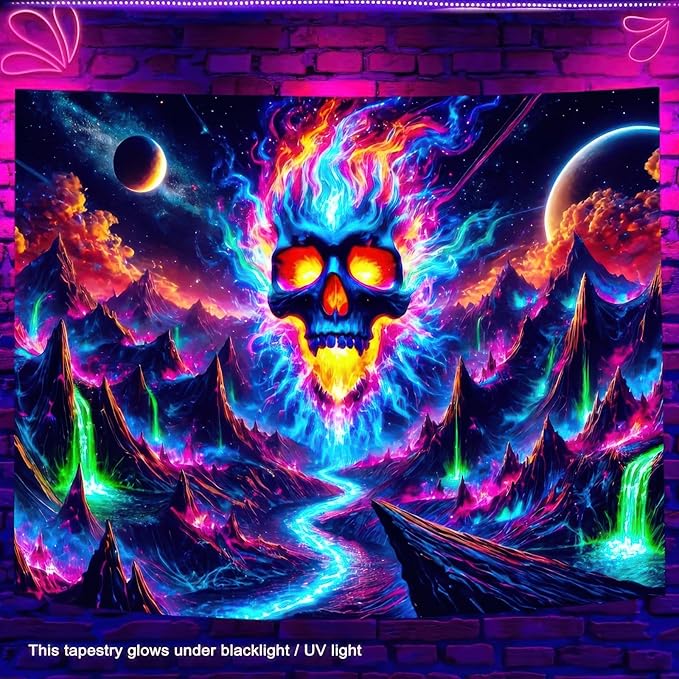 BlissYard Blacklight Skull Tapestry UV Reactive Tapestry 78x59 Inch Black Light Galaxy Planet Glowing Large Neon Posters Wall Hanging for Home Living Room Bedroom Decor