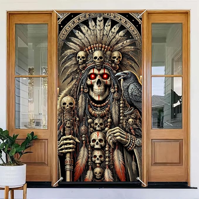 Halloween Skeleton Shaman Door Banner Cover 35x71 Inch Tribal Skull Spirit Wall Backdrop Grim Chief Costume Poster Gothic Witchcraft Raven Decor for Haunted House Party Prop Indoor Outdoor