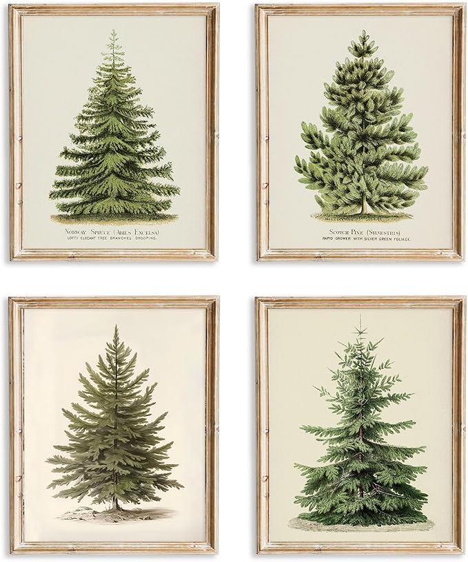 ASTRDECOR Vintage Christmas Tree Wall Art – Set of 4 Rustic Pine Tree Prints, Cozy Botanical Winter Holiday Decor, Unframed Christmas Wall Artwork for Festive Home Styling (8x10 Inch)