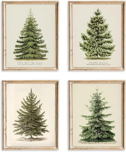 ASTRDECOR Vintage Christmas Tree Wall Art – Set of 4 Rustic Pine Tree Prints, Cozy Botanical Winter Holiday Decor, Unframed Christmas Wall Artwork for Festive Home Styling (8x10 Inch)