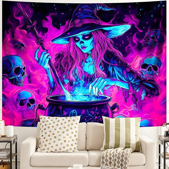 BVBOX Blacklight Halloween Tapestry Horror Moon Night Scary Cemetery Pumpkin Lantern Halloween Tapestry Wall Hanging Skull Horror Poster Banners for Bedroom Livingroom (Witch, 59L x 51W, Unframed)