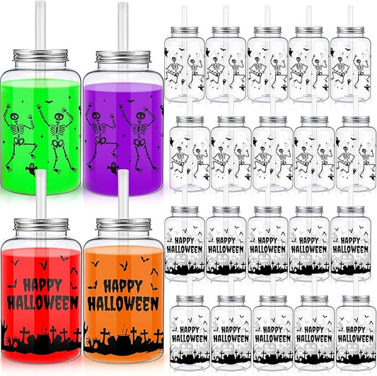 20 Pack Halloween Skeleton Cups Reusable Skull Cup Gifts 16 oz Printed Cemetery Cup with Lids Straws Halloween Happy Plastic Tumbler Clear Drinking Jars for Party Favor Birthday Celebration