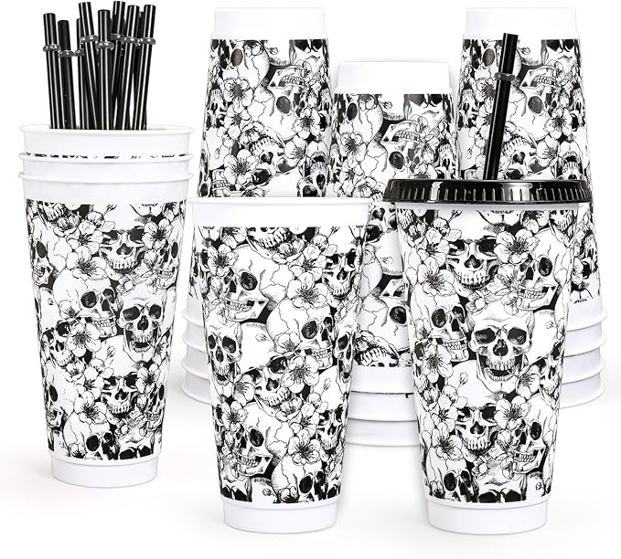 Whaline 12 Pcs Halloween Skull Plastic Tumbler with Lids Straws Black White Skull Flower Reusable Cups 24oz Travel Mug Cups for Iced Coffee Drinks Holiday Horror Party Supplies