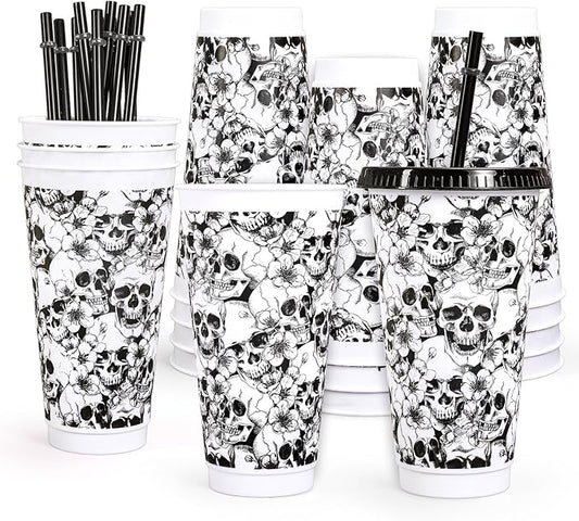 Whaline 12 Pcs Halloween Skull Plastic Tumbler with Lids Straws Black White Skull Flower Reusable Cups 24oz Travel Mug Cups for Iced Coffee Drinks Holiday Horror Party Supplies