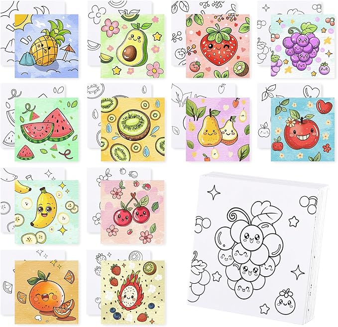 12 Packs Fruit Pre Drawn Canvas to Paint, Pre Printed Canvas for Painting, Pre Stretched Canvas Outline Painting Boards for Beginners, Students, Party Favors(4 * 4in)