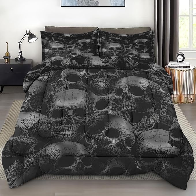 Comforter Set King Size, Skull Skeleton Soft 3 Pcs Bedding for Kids and Adults, Spooky Horror Gothic Comforter Set with 2 Pillowcases, for Bedroom Bed Decor