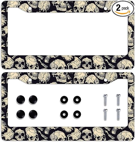 2Pcs Skull License Plate Frame Retro Skeleton Art Halloween License Plate Personalise Stainless Steel Funny Design Compatible with Standard License Plate Holder for USA and Canada 12x6 Inch