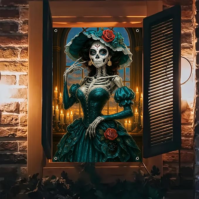 Halloween Window Cover Decorations Sugar Skull Catrina Banner 31x47 Inch Fall Window Cover Spooky Window Covers Decor for Halloween Party Indoor Outdoor Seasonal Windows Poster Home Decor