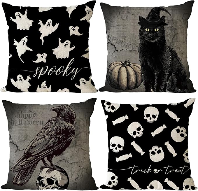 YeeJu Set of 4 Halloween Pillow Covers 18x18 Inch Spooky Skull Ghost Decor Throw Pillow Covers Black Cat Crow Halloween Cushion Covers Linen Pillow Cases for Home Outdoor Sofa Couch (18 by 18)