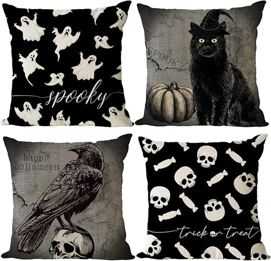 YeeJu Set of 4 Halloween Pillow Covers 18x18 Inch Spooky Skull Ghost Decor Throw Pillow Covers Black Cat Crow Halloween Cushion Covers Linen Pillow Cases for Home Outdoor Sofa Couch (18 by 18)