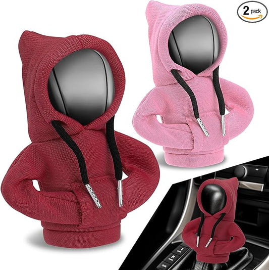 Auto Dynasty 2pcs Car Gear Shift Knob Hoodie, Mini Hoodie Shifter Cover, Automotive Interior Decoration, Gear Shifter Stick Protector, Auto Manual Transmission Lever Cover, Red/Pink