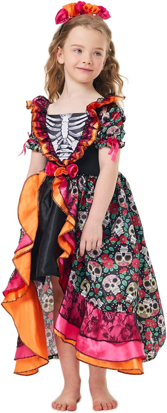 Dia De Los Muertos Costume Kids Day of The Dead Costume Dress Girls Skeleton Costume Flower Headband