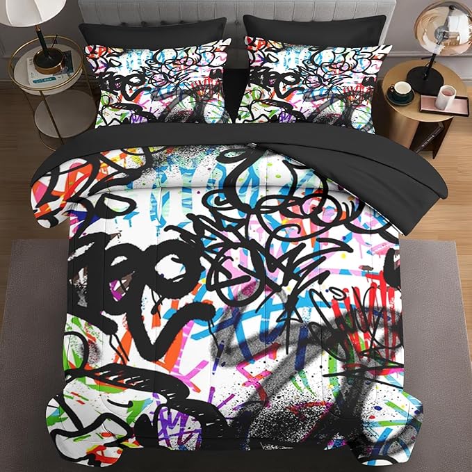 7 Pcs Queen Size Comforter Set with 2 Pillowcases & 2 Shams, Urban Modern Fashion Bedding for Kids and Adults, Abstract Graffiti Bed in a Bag with Flat Fitted Sheet