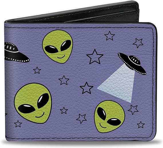 Buckle-Down Men's Wallet, Bifold, Alien Head Stars UFOs Scattered Lavender Black Green, Vegan Leather, 4.0" x 3.5"
