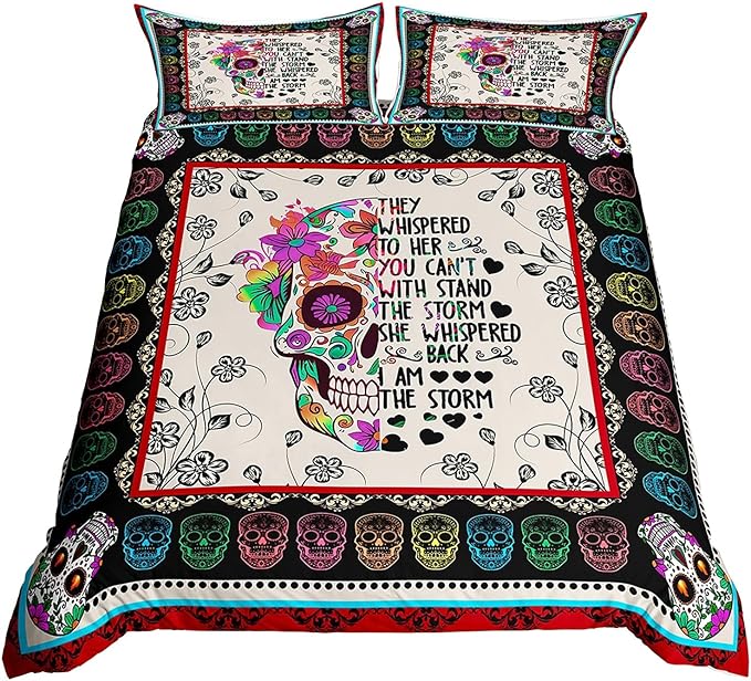 Bohemian Comforter Cover, Sugar Skull Flower Bedding Sets, Skeleton Floral Duvet Cover Set, With Inspirational Quote Pastoral Bedspreads Cover Queen Size 3 Pieces Bedroom Home Decor For Men And Women