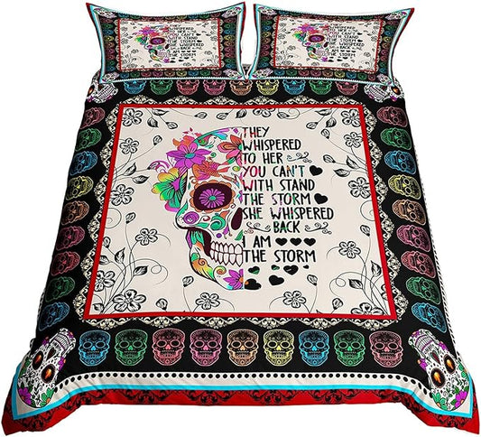 Bohemian Comforter Cover, Sugar Skull Flower Bedding Sets, Skeleton Floral Duvet Cover Set, With Inspirational Quote Pastoral Bedspreads Cover Queen Size 3 Pieces Bedroom Home Decor For Men And Women