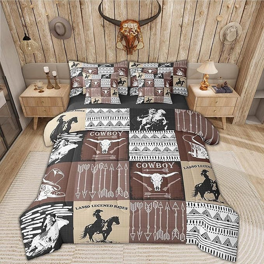 Country Western Bedding Sets Tribe Geometric Aztec Bed in a Bag King Size Comforter Set 7 Pieces,Cowboy Horse Sheet Set with Comforter,Gothic Bull Skull Cowgirl Southwestern Decor,Black Brown