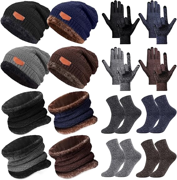 16 Pcs Winter Hat Scarf Gloves Sock Set Knit Beanie Cap Neck Warmer Touchscreen Slouchy Skull Mittens Circle for Women Men