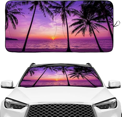 Purple Sunset Hawaiian Palm Tree Windshield Sunshade for Car SUV Truck Foldable Uv Ray Reflector Front Window Sun Shade Visor Shield Cover