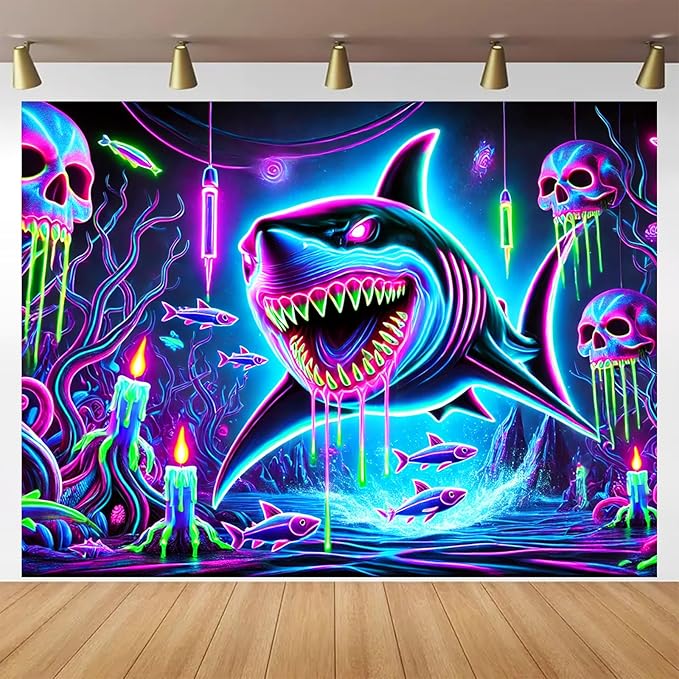 BlissYard Blacklight Tapestry 78x59 Inch Neon Shark Glow in the Dark Wall Hanging Trippy Underwater Skull Scene UV Reactive Black Light Tapestry for Bedroom Party Dorm Decoration