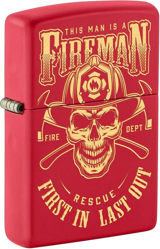 Zippo Lighter, Fireman Skull, Engraved - Red Matte 80966