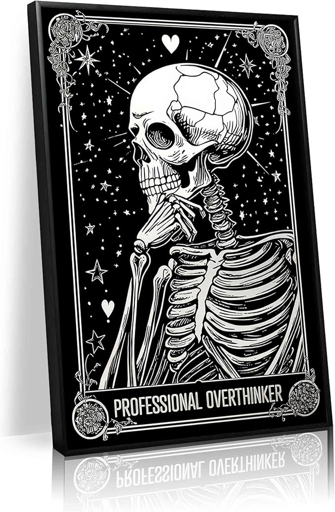 Professional overthinker gothic skull art print, black and white wall decor, Halloween poster stars and hearts design, dark humor, alternative mental health wall art gift(L18 xW12-CANVAS)