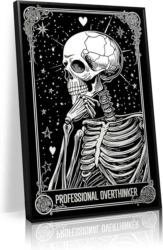 Professional overthinker gothic skull art print, black and white wall decor, Halloween poster stars and hearts design, dark humor, alternative mental health wall art gift(L18 xW12-CANVAS)
