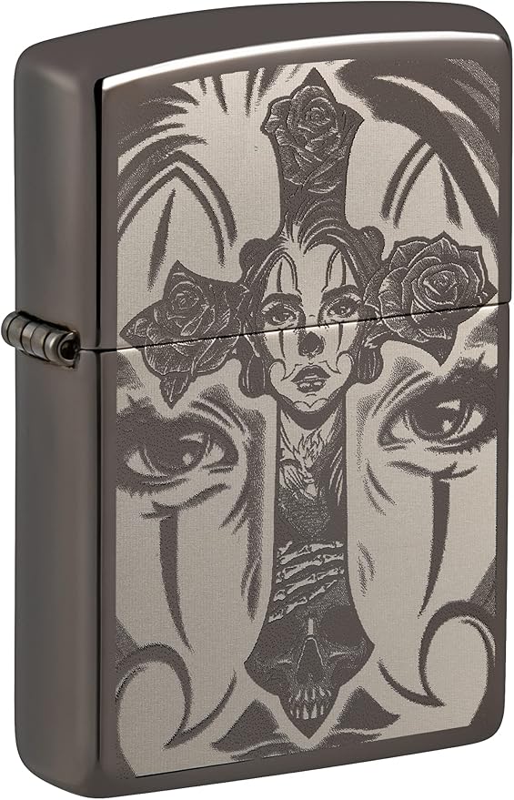 Zippo Day of The Dead Skull Cross Design Black Ice Pocket Lighter