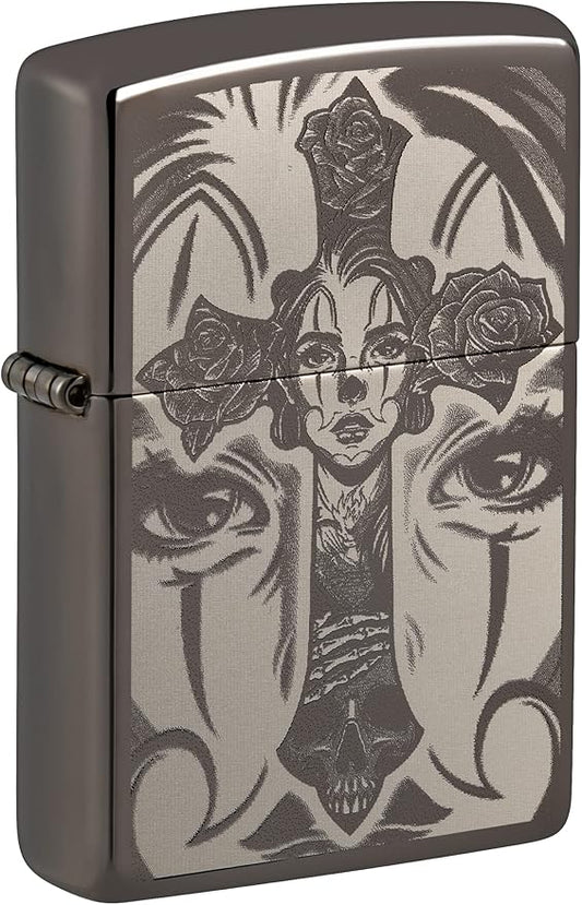 Zippo Day of The Dead Skull Cross Design Black Ice Pocket Lighter
