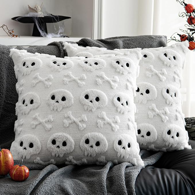 a moment Halloween Decorative Pillow Covers 18x18 Inch Set of 2,White Skull Throw Pillow Cases-3D Embroidered Gothic Decor,Soft Plush Faux Rabbit Fur Cozy Cushion Covers for Couch Sofa Bedroom