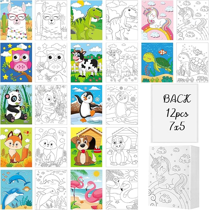 Ctosree 12 Pcs Pre Drawn Canvas for Painting for Boys Girls Pre Printed Cute Bulk Painting Canvas with Pictures to Paint Gift for Valentines Party Favor Activities(5" X 7",Animals)