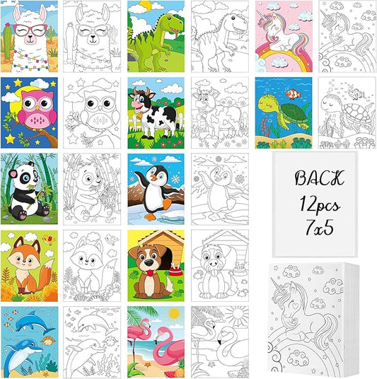 Ctosree 12 Pcs Pre Drawn Canvas for Painting for Boys Girls Pre Printed Cute Bulk Painting Canvas with Pictures to Paint Gift for Valentines Party Favor Activities(5" X 7",Animals)