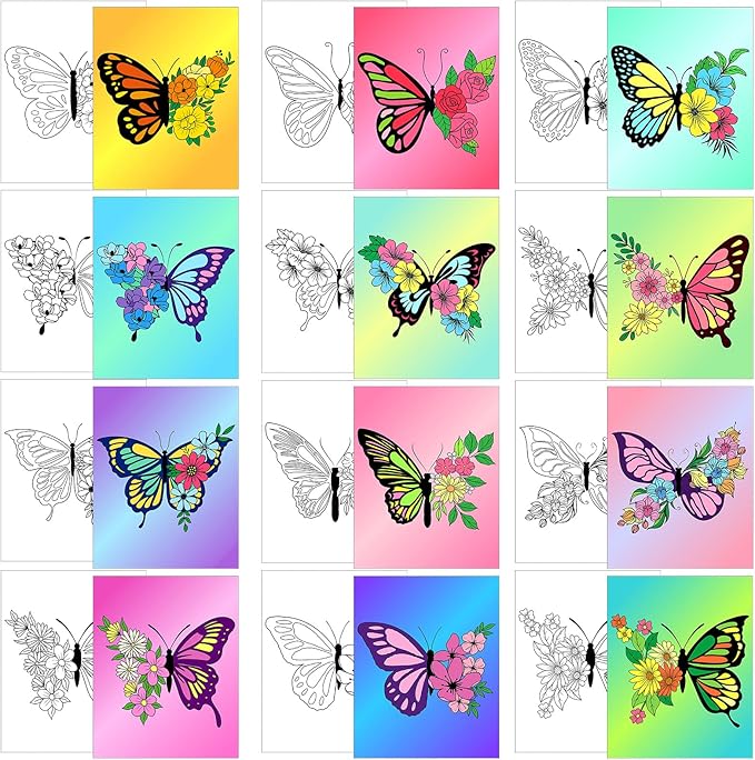 Affrolling 12 Pcs Pre Drawn Canvas for Painting for Adults 8 x 8 Inch Canvas Painting Kits Stretched with Drawing Ready to Paint Beginner Artists Date Night Party Supplies(Butterfly)